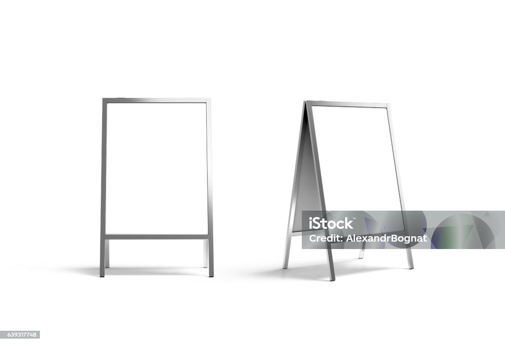 Blank white metallic outdoor stand mockup set, isolated, front Blank white metallic outdoor stand mockup set, isolated, front and side view, 3d rendering. Clear street signage board mock up. A-board with metal frame template. Sign Stock Photo