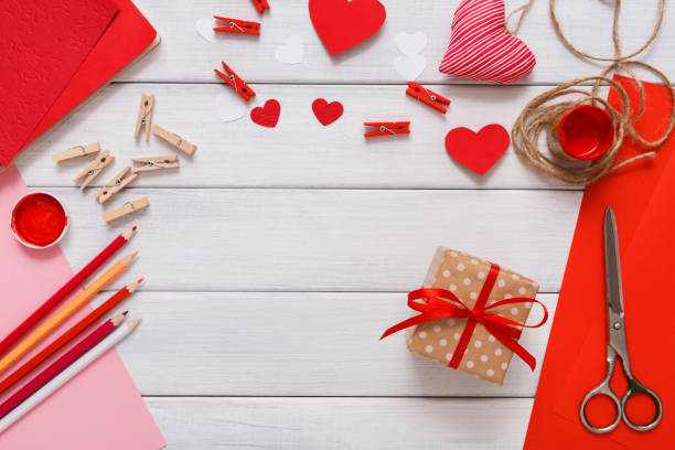 istock Valentine day handmade present background, cut and paste hearts card 639318742