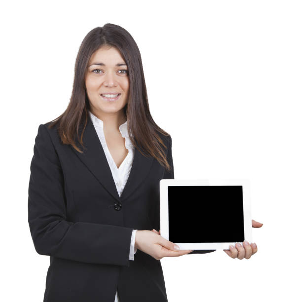 istock businesswoman showing tablet 639321964