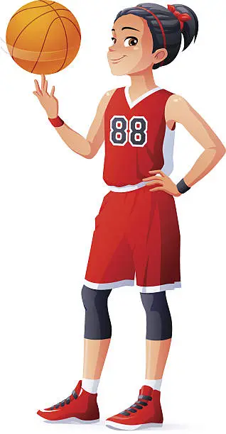 Vector illustration of Vector young Asian basketball player girl spinning ball on finger.