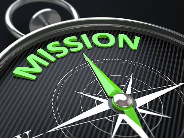 Mission 3d render image. Compass needle pointing the green word mission. financial statement stock pictures, royalty-free photos & images
