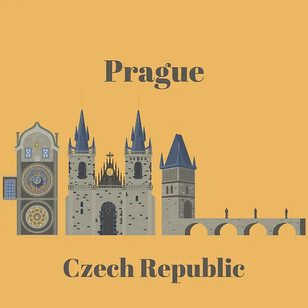 Vector illustration of Prague town, Czech Republic.  Famous, tourists travel, popular routs