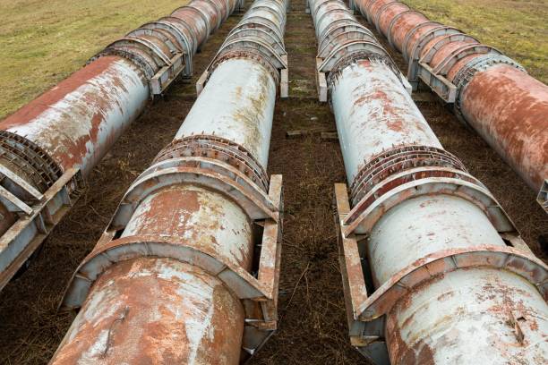 The pipes of the old factory. Steal big pipeline. Stock image.