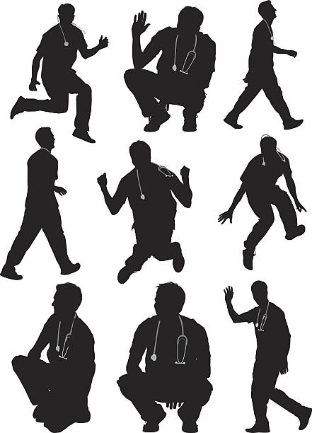 Doctor in various actions Doctor in various actions nurse silhouettes stock illustrations