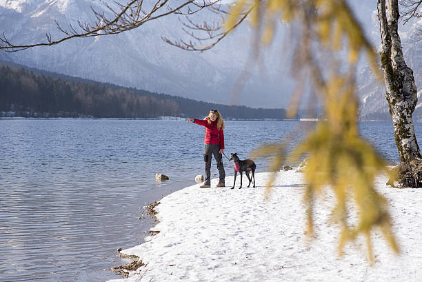 istock Smiling woman walking with her dog 639336048