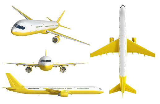 white and yelow airplane set 3d rendering on white background