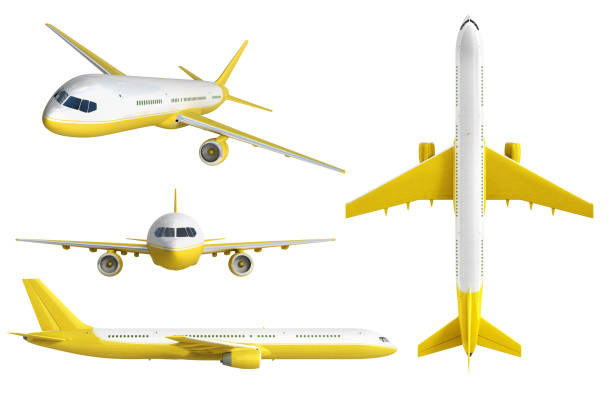 white and yelow airplane set 3d rendering on white background stock photo