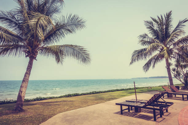 istock Beautiful beach and sea with palm tree 639341622