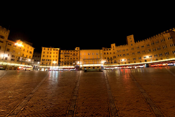 Siena, Italy–Jan 08, 2024: plaza of campo surrounding buildings and tourists