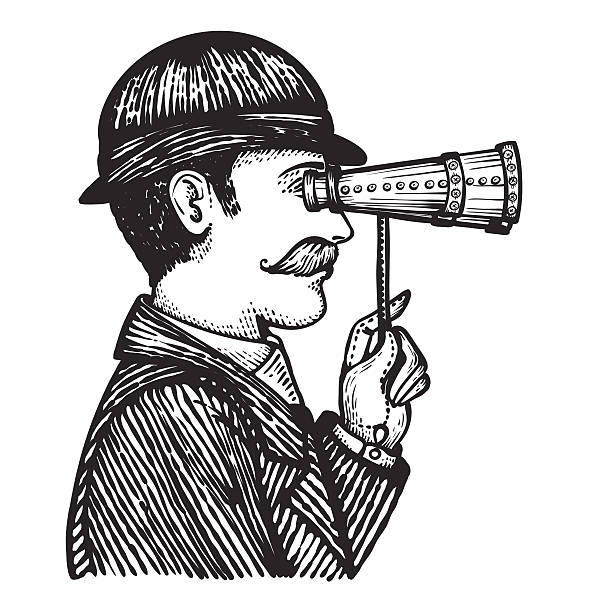Retro web hacker man concept Vector illustration of engraved vintage man looking through binoculars - hand drawn illustration isolated on white detective illustrations stock illustrations
