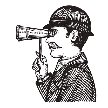 Vector illustration of engraved criminal or secret spy - danger villain looking for private information and web virus hacking concept. A vintage man looking through binoculars.