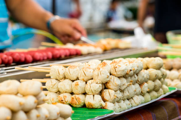 istock Meat ball and sausage with bamboo stick 639353068