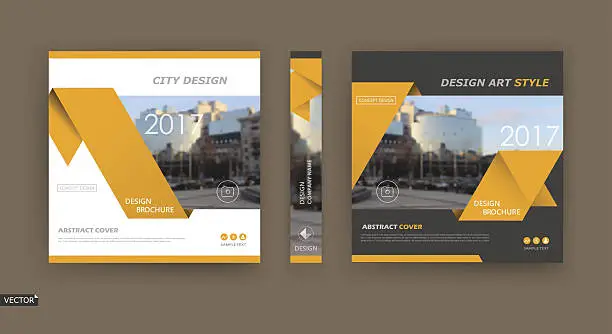 Vector illustration of Black, white brochure cover design.. Yellow triangles icon fiber