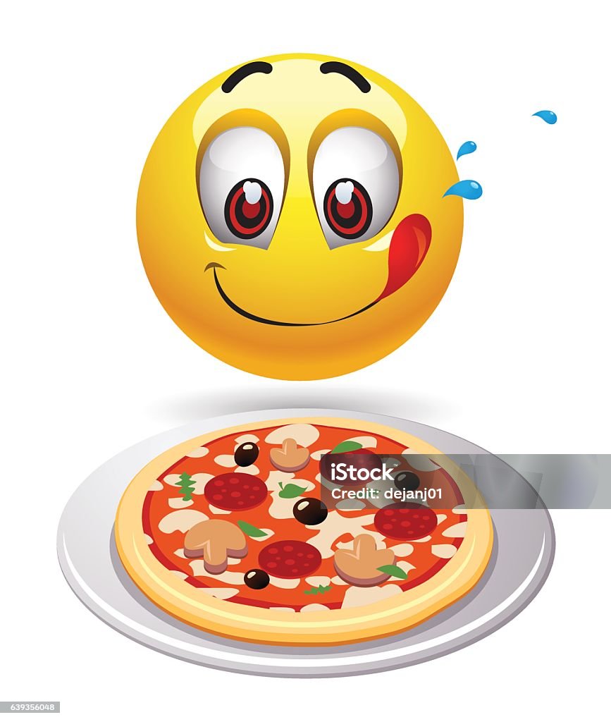 Hungry smiley looking at tasty pizza. Humoristic illustration of food loving smiley. Vector illustration. Pizza stock vector