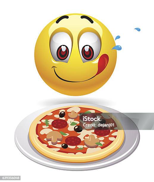 Hungry Smiley Looking At Tasty Pizza Stock Illustration - Download Image Now - Pizza, Anthropomorphic Smiley Face, Eye