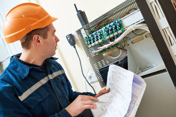 istock Electrician worker adjusting video surveillance system 639358476