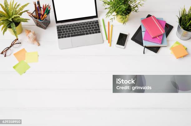 Creative Persons Desk From Above Stock Photo - Download Image Now - Desk, Top - Garment, Travel Agency