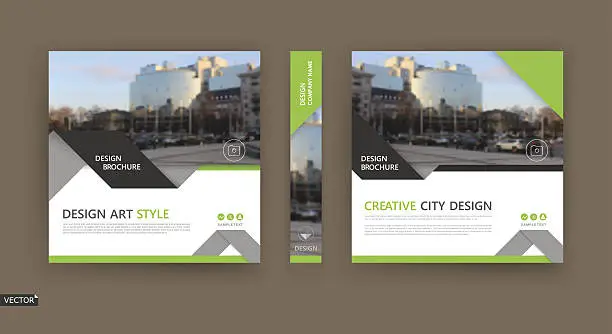 Vector illustration of White brochure cover design. Green triangle figures image icon.