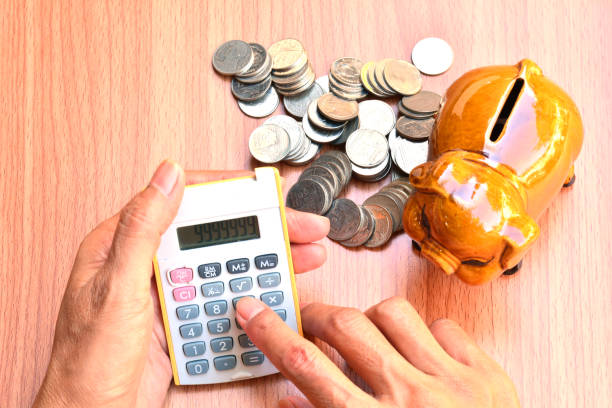 istock Woman using calculator and piggy bank and stack coins 639365448