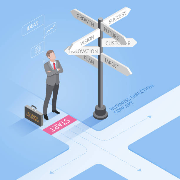 Isometric businessman standing at a crossroad and looking directional signs. Business people concepts. Businessman standing at a crossroad and looking directional signs arrows. crossroads sign stock illustrations