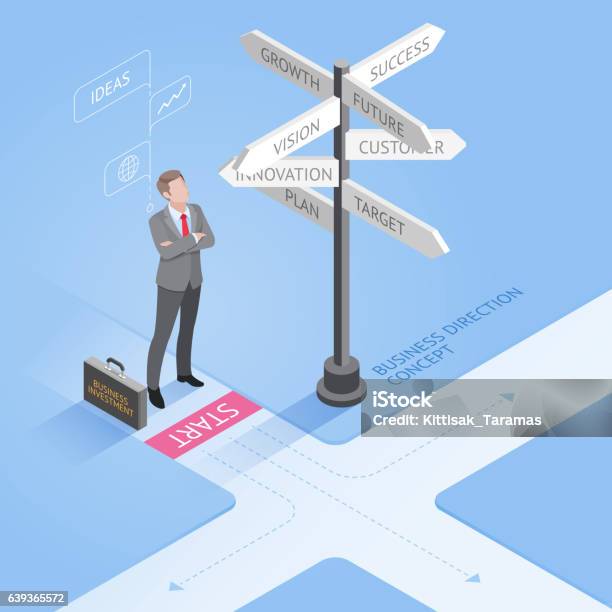 Isometric Businessman Standing At A Crossroad And Looking Directional Signs Stock Illustration - Download Image Now