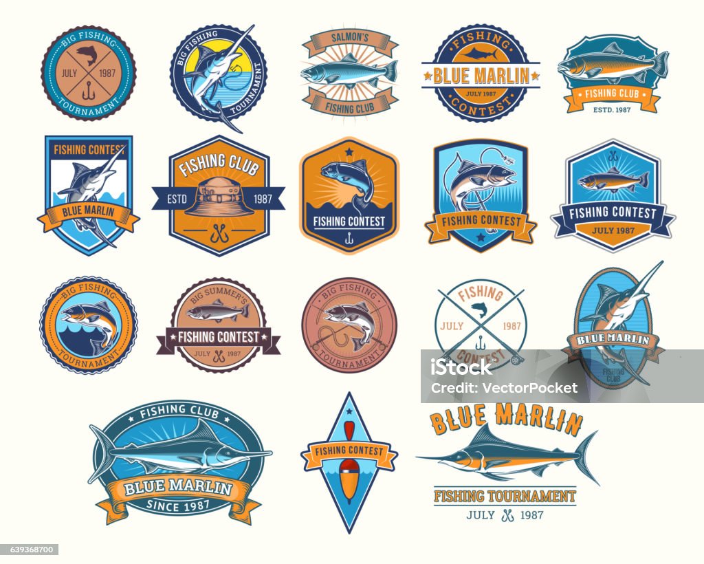 Set of vector badges, stickers on catching fish. Big set of vector color badges, stickers on catching fish. Emblems for fishing club, tournaments Fishing Industry stock vector