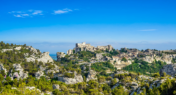 Les Baux de Provence village panoramic view. Provence Alpes Cote Azur, France, Europe.