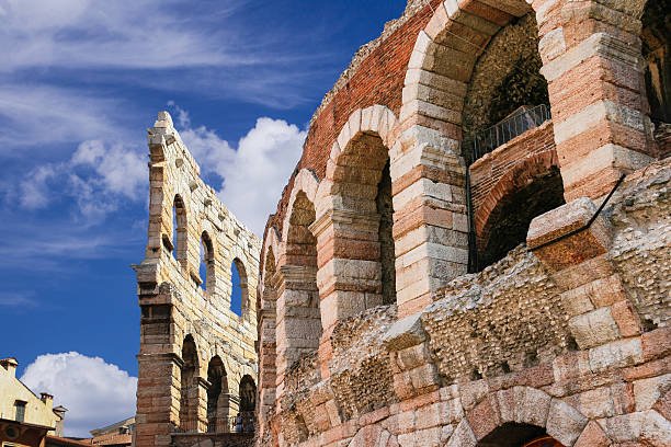 Close-up Fragment of Verona Arena, Piazza Bra, Verona, Italy. stock photo