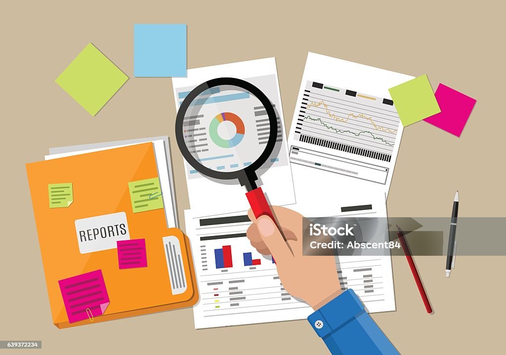 financial report concept. Business background. Hand with magnifying glass, analysis of financial report. Financial audit concept. Auditing tax process. vector illustration in flat design Magnifying Glass stock vector