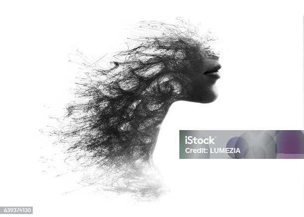 Photograph Combined With Handdrawn Structure Stock Photo - Download Image Now - Women, Vanishing Point, Human Face