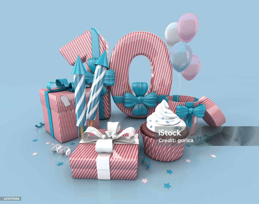 Number 10 , Decorated With Ribbon, Birthday Cupcake, Rockets, Wrap Gifts. Number 10 , Decorated With Ribbon, Birthday Cupcake, Rockets, and Wrap Gifts. Birthday Concept Invitation. 3d render Illustration Isolated On Blue Background 10-11 Years Stock Photo