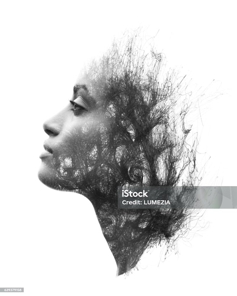 Photograph combined with the drawing Portrait of attractive young woman combined with the pen drawing. Women Stock Photo