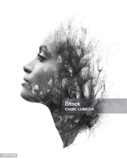 Photograph Combined With The Drawing Stock Photo - Download Image Now - Women, Profile View, Art