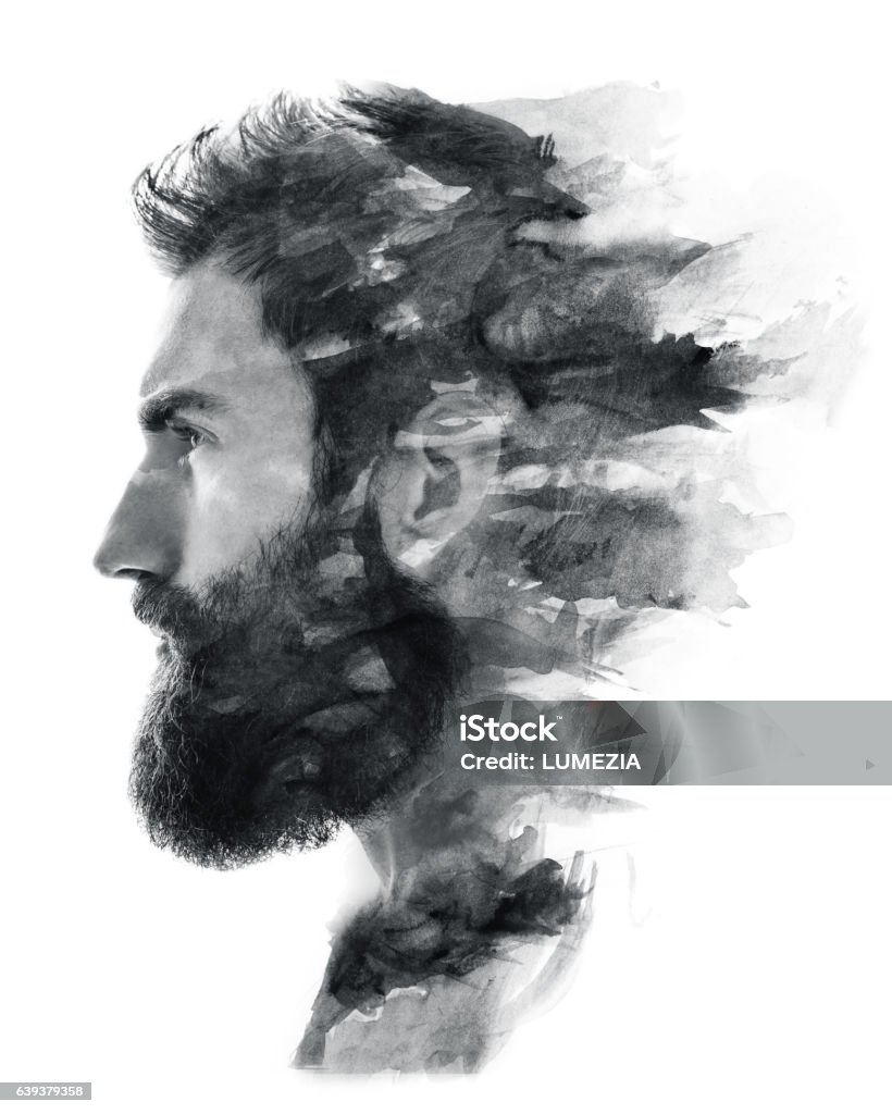 Photograph combined with ink painting Portrait of a bearded man fading in black and white Men Stock Photo