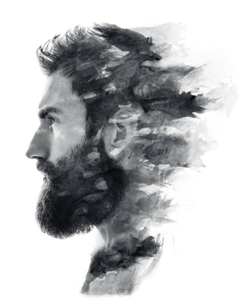 Photograph combined with ink painting Portrait of a bearded man fading in black and white pencil drawing photos stock pictures, royalty-free photos & images