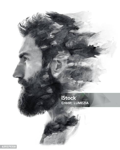 Photograph Combined With Ink Painting Stock Photo - Download Image Now - Men, Profile View, Multiple Exposure