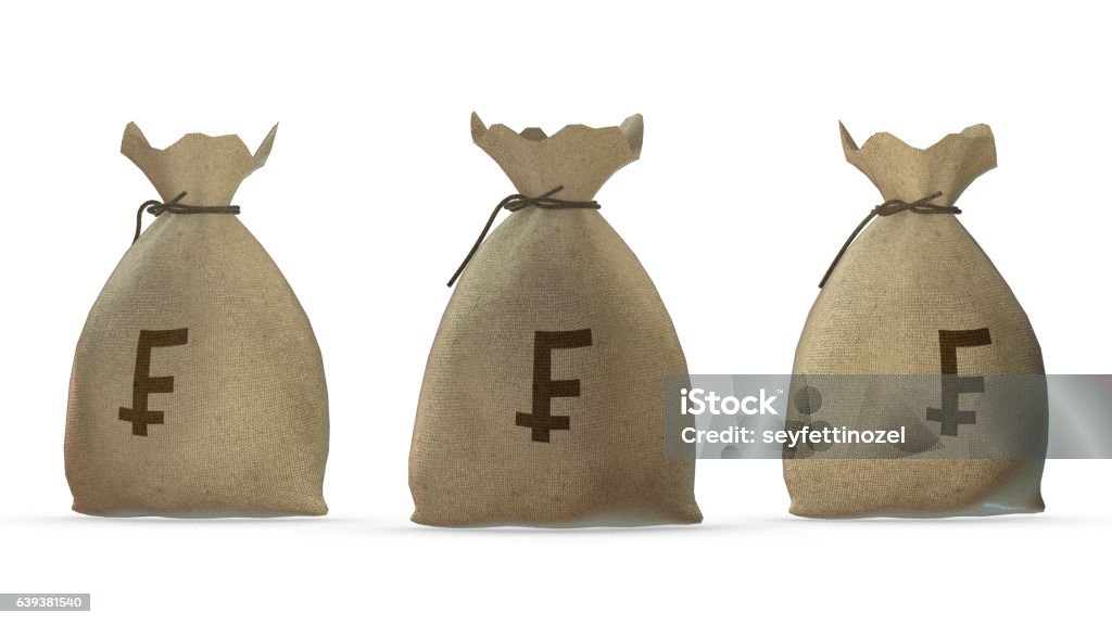 Swiss Franc Money Bags View of three money bag with Swiss Francs sign Abundance Stock Photo