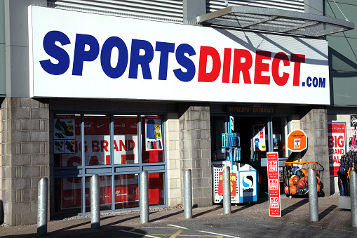 Carmarthen, Wales, UK, January 2, 2017 : Sports Direct clothing store in the city centre during it's sale season