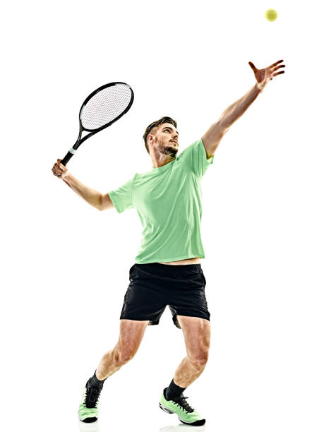 теннисист службы выступающей человек изолированы - tennis men indoors playing стоковые фото и изображения