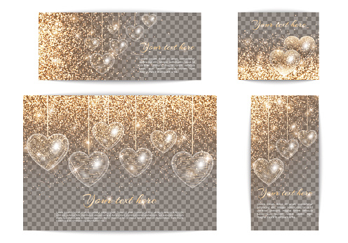 Set of romantic banners of different sizes in gold style on a transparent background. Hearts with a bright luster decorations for greetings..