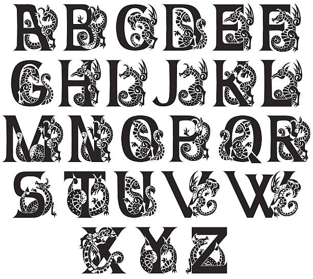 medieval alphabet medieval alphabet with gargoyls, dragons and chimeras, full set of capital letters gargoyle stock illustrations