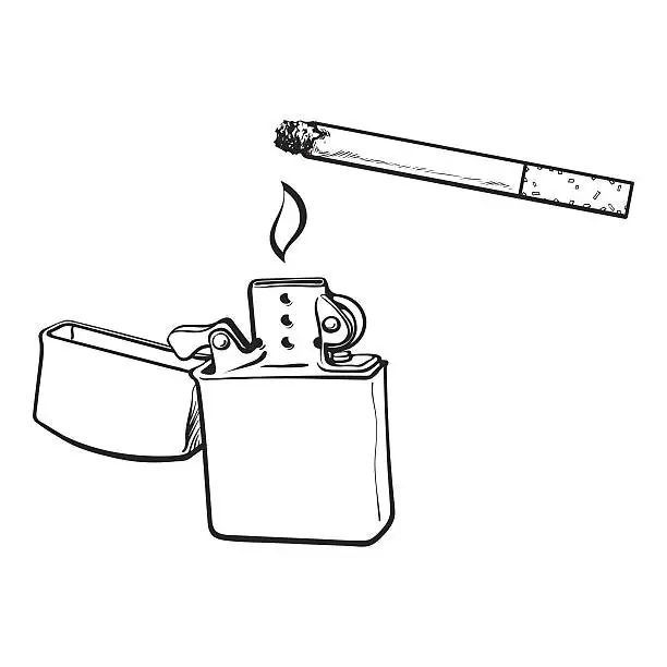 Vector illustration of Silver metal lighter and burning cigarette, sketch vector illustration