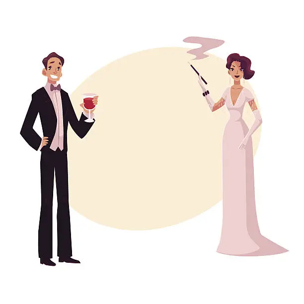 Vector illustration of Man and woman in 1920s style clothes at vintage party