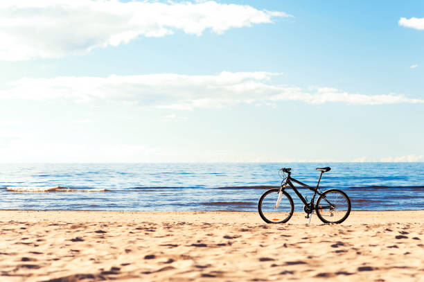 istock One bicycle standing on the beach sand on blue seascape background. 639397492