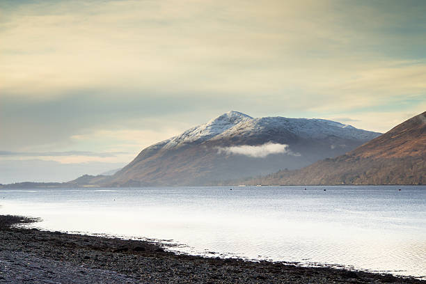 Milky mist hanging around Garbh Bheinn, and over the water of Loch Linnhe.