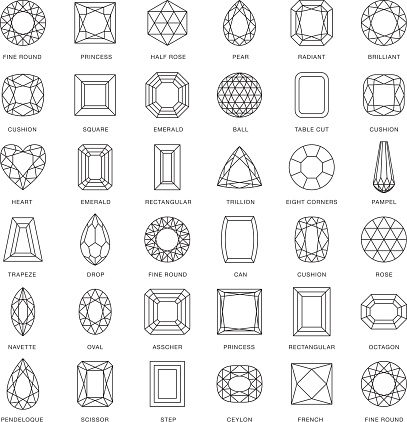 A large set of thin line icons showing some of the most popular gem cuts. Black and white line art. 36 total icons including cuts like princess, cushion, emerald, step, trillion, table, heart, rectangular, round, brilliant, radiant, rose and so on.