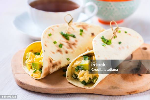 Avocado Scrambled Egg Wraps Stock Photo - Download Image Now - Wrap Sandwich, Egg - Food, Avocado