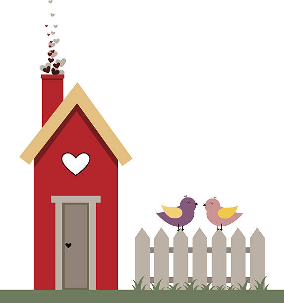 ilustraciones, imágenes clip art, dibujos animados e iconos de stock de caja nido con una pareja de aves enamorada. tarjeta de san valentín - birdhouse animal nest bird tree