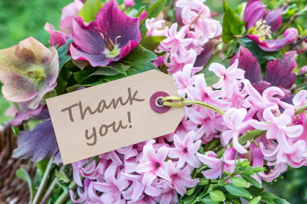 English greeting card with hyacinths and the text: Thank you