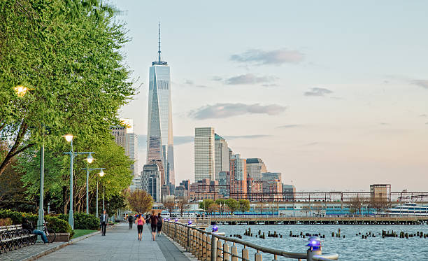 Banks of Hudson River and Freedom Tower stock photo